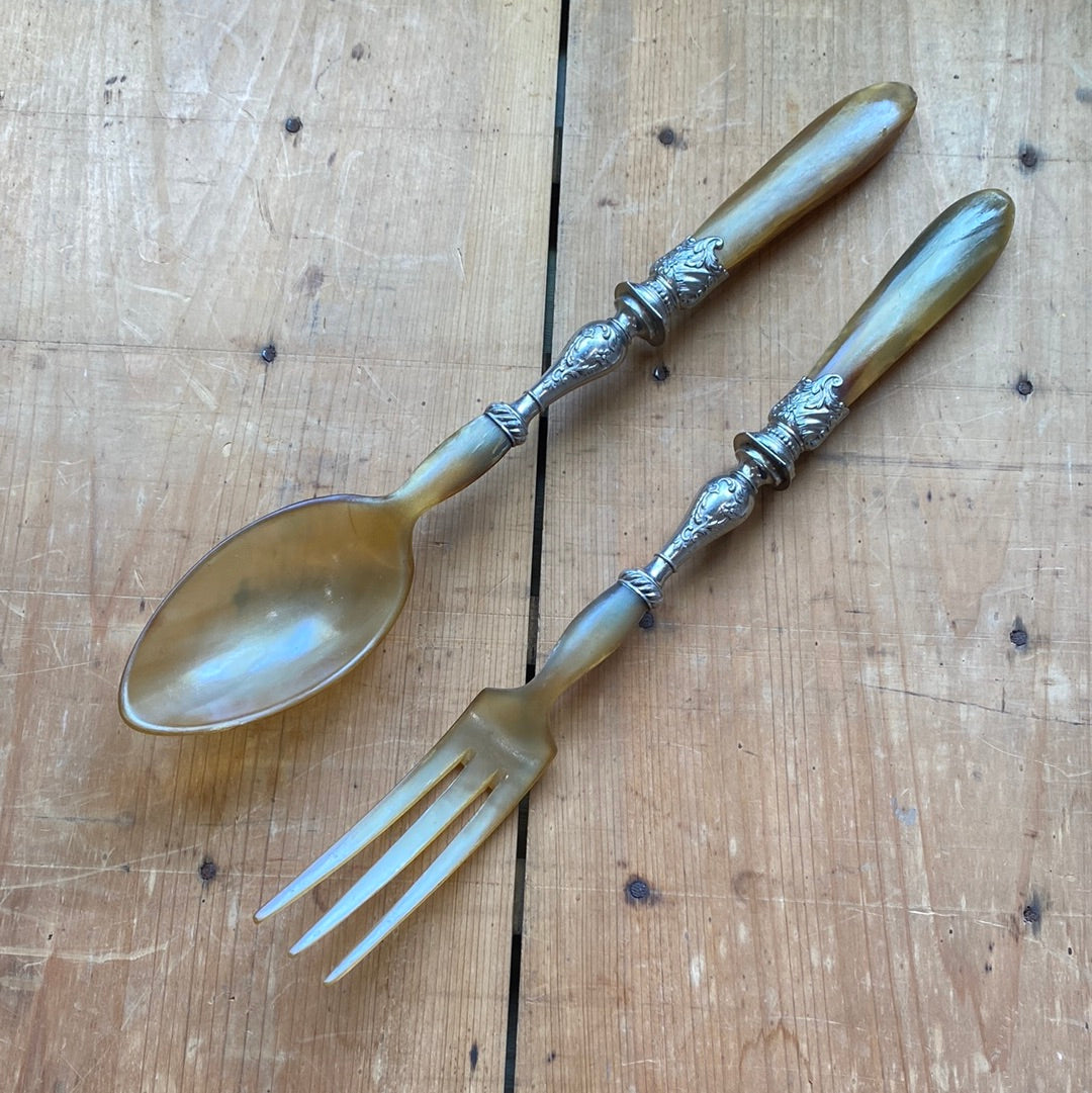 Unmarked Salad Serving Set Horn France 1920’s/30’s?
