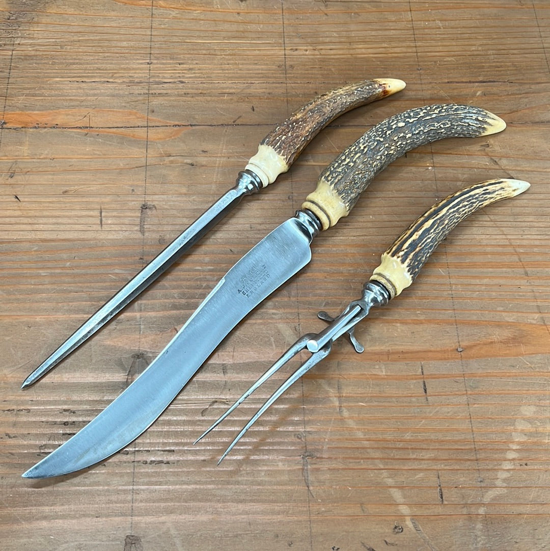 A J Jordan Carving Set AAA1 Sheffield England Curved Blade Horn Tip Handles 1880's-1920's