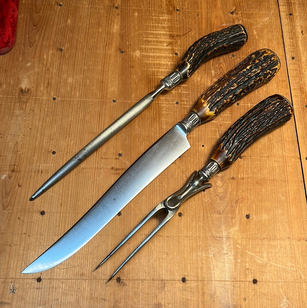 American Carving Set Carbon Steel Sterling Ferrules Stag 1880s-1920s