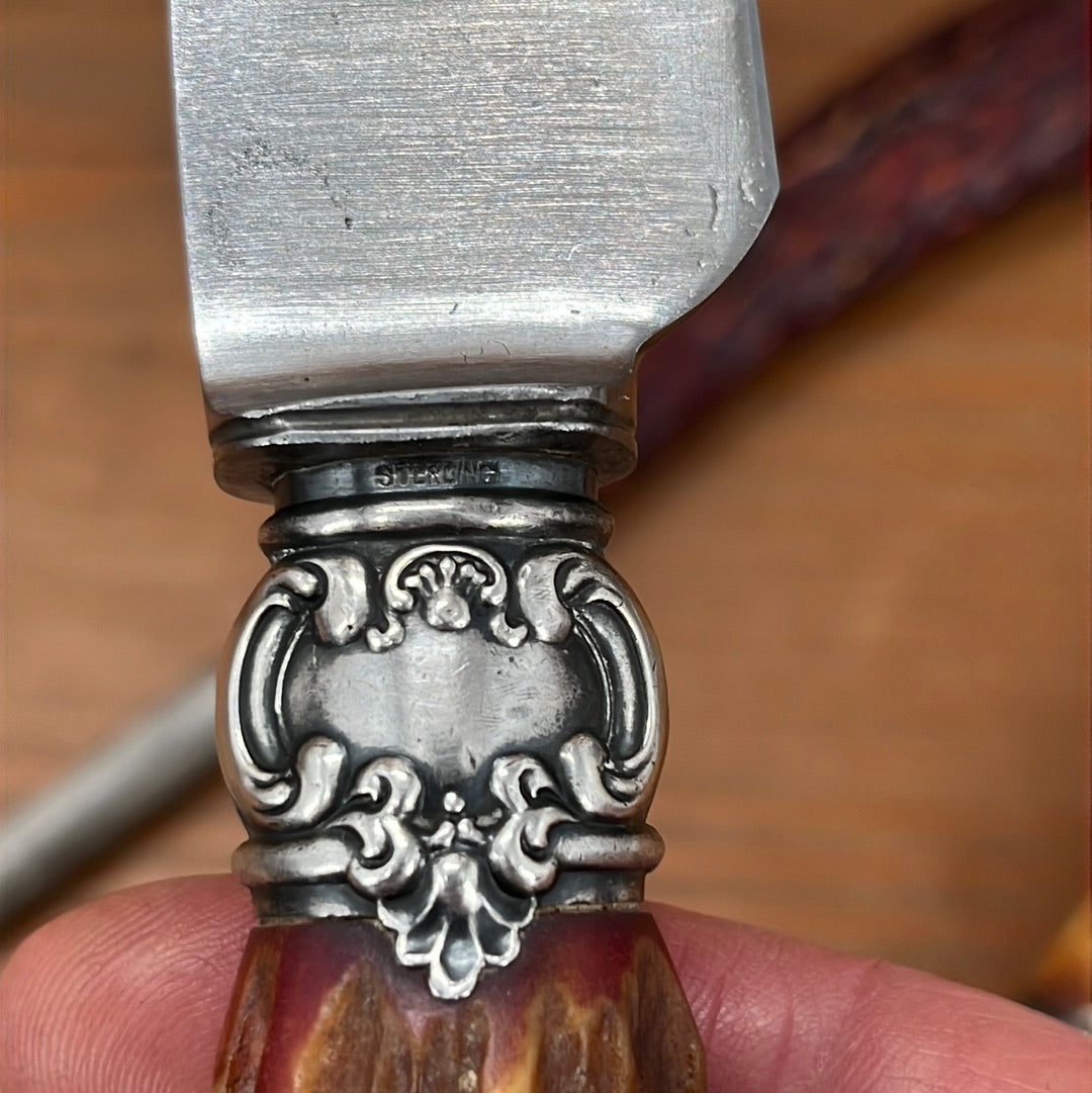 Landers Frary & Clark Aetna Works Carving Set Carbon Steel Sterling Stag ~1880s-1910s