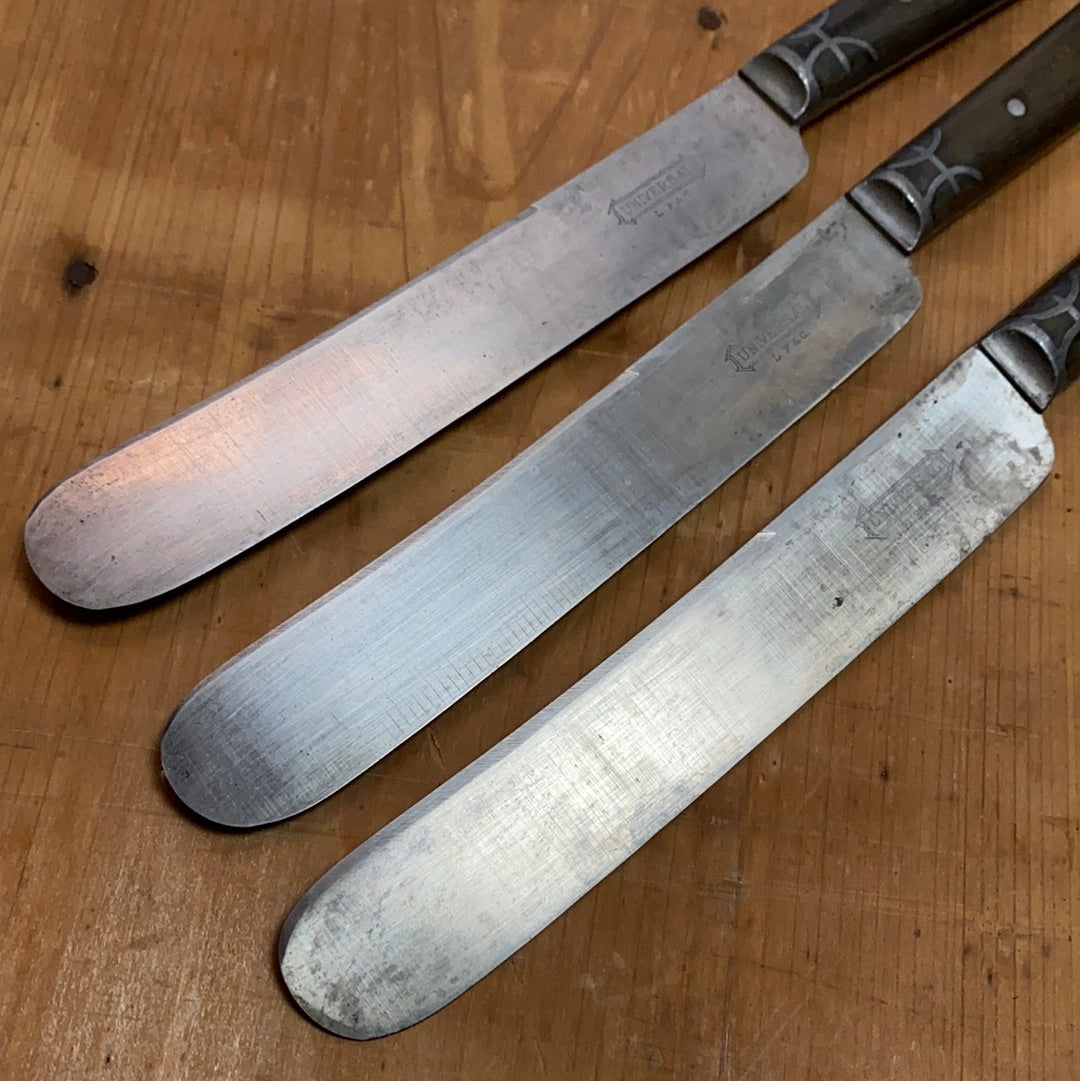Landers Frary & Clark Universal Set of 3 Forks & Knives Carbon Steel Pewter Inlay