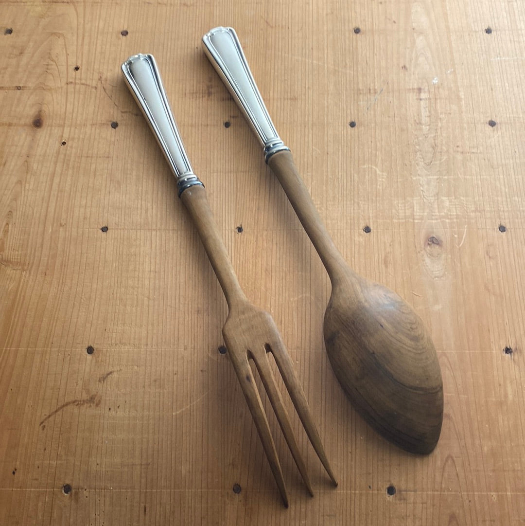 Rogers & Bros 1847 Salad Serving Set Silverplate & Wood (Olive?)