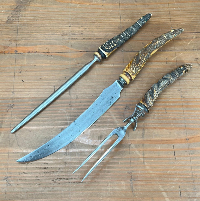 Hibbard Spencer & Bartlett Carving Set Carbon Steel Alligator Stag Late 19th C