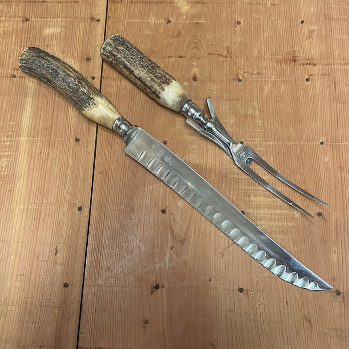 J A Henckels Carving Set ‘No-Stain’ Granton W/ 1931 US Pat No. Stainless & Stag Early 30’s