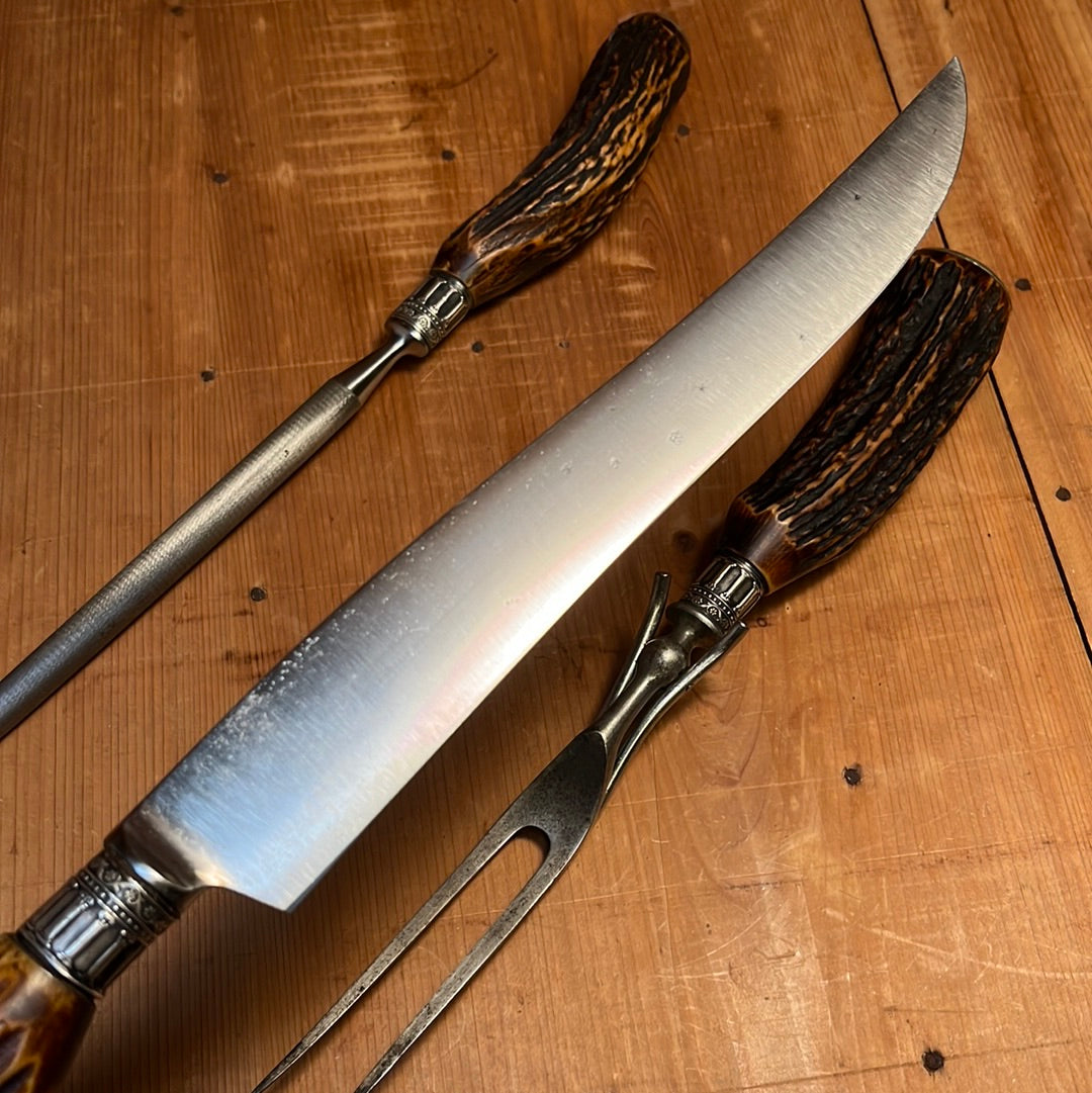American Carving Set Carbon Steel Sterling Ferrules Stag 1880s-1920s