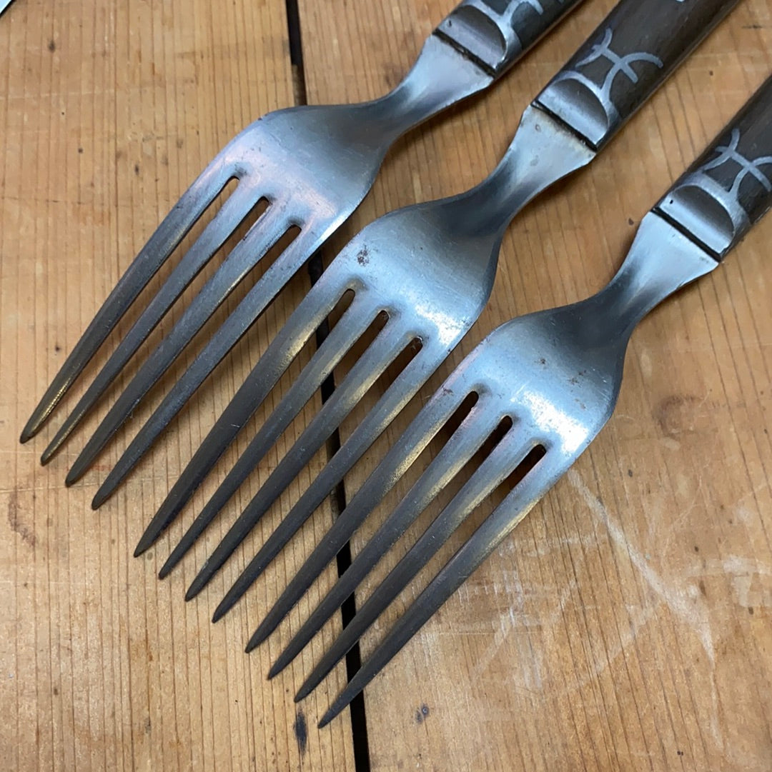 Landers Frary & Clark Universal Set of 3 Forks & Knives Carbon Steel Pewter Inlay
