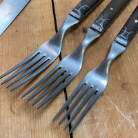Landers Frary & Clark Universal Set of 3 Forks & Knives Carbon Steel Pewter Inlay
