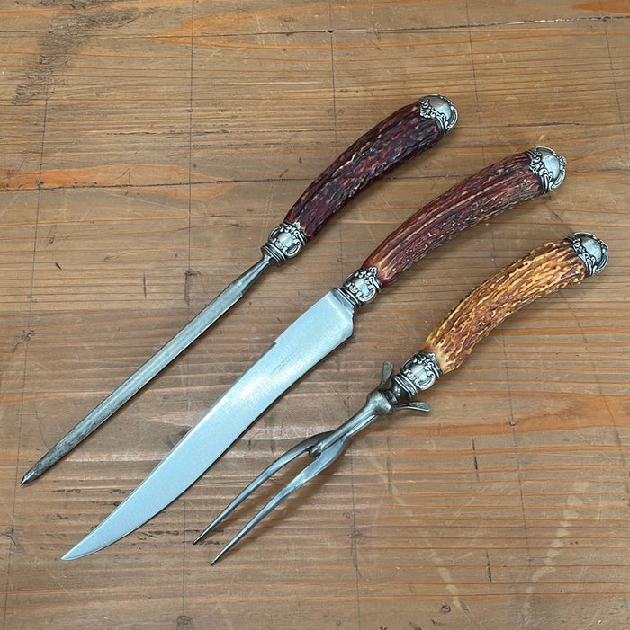 Landers Frary & Clark Aetna Works Carving Set Carbon Steel Sterling Stag ~1880s-1910s