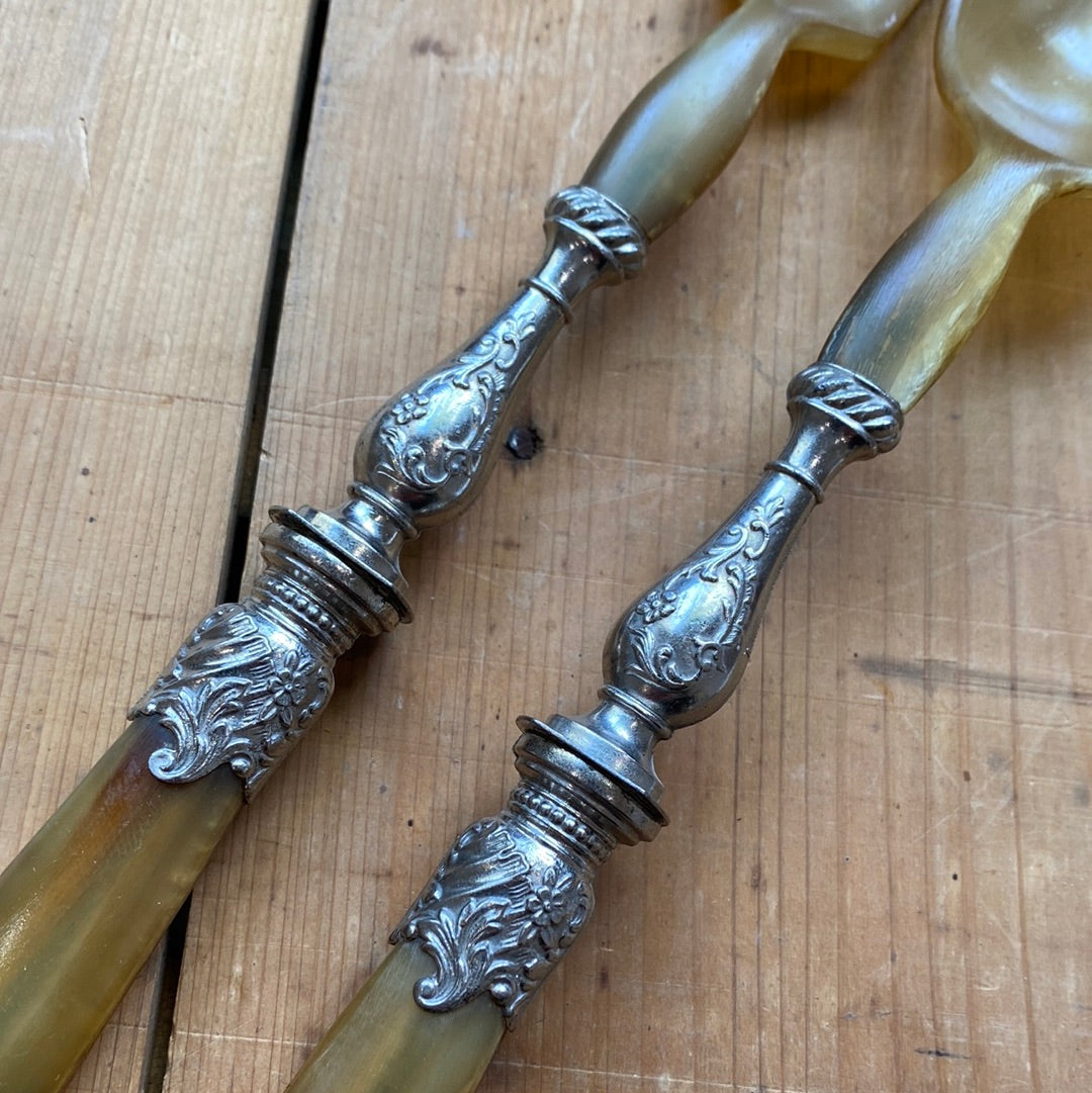 Unmarked Salad Serving Set Horn France 1920’s/30’s?
