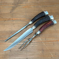 Landers Frary & Clark Aetna Works Carving Set Carbon Steel Large Sterling Ferrules Stag ~1880s-1910s