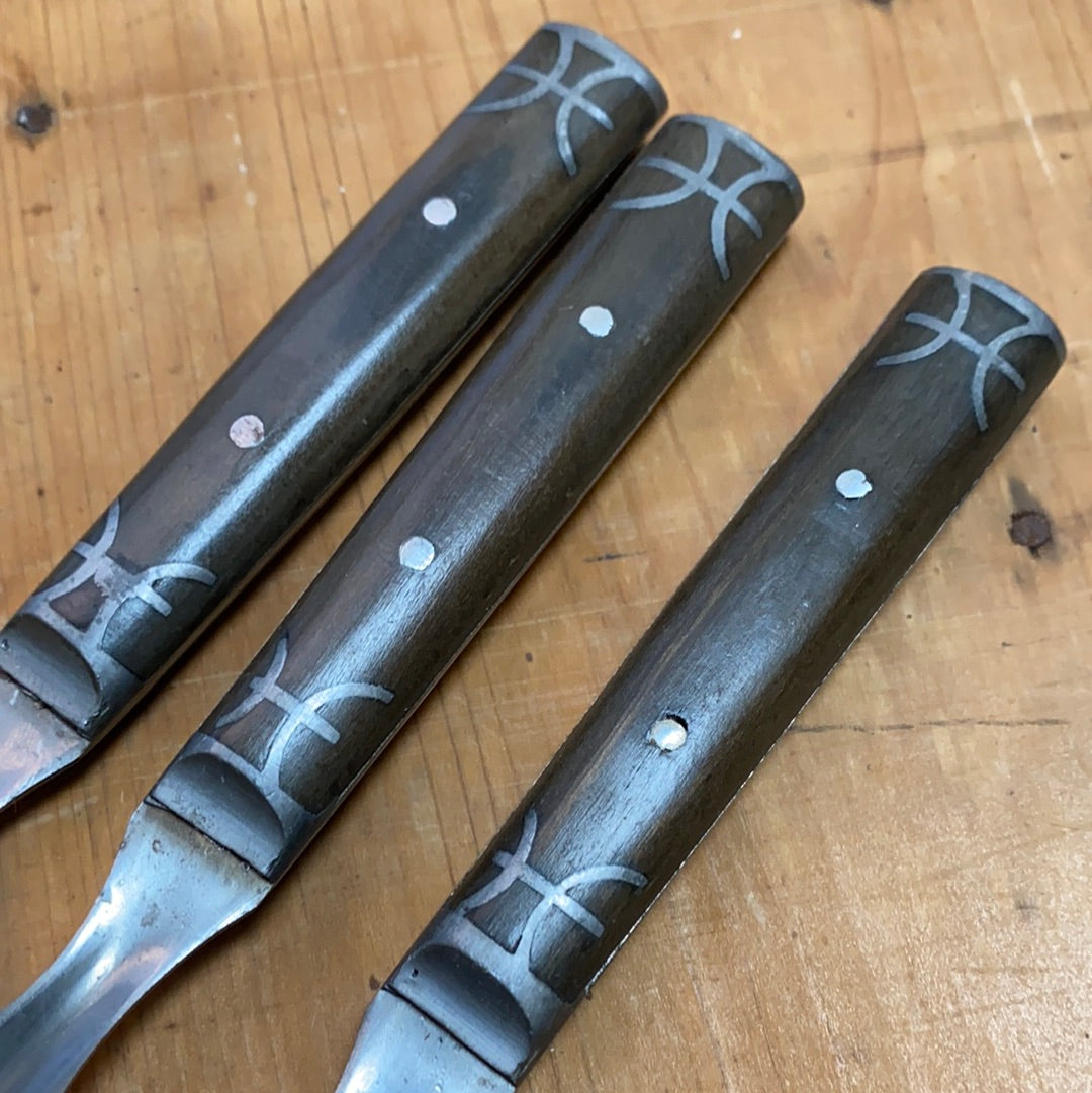 Landers Frary & Clark Universal Set of 3 Forks & Knives Carbon Steel Pewter Inlay