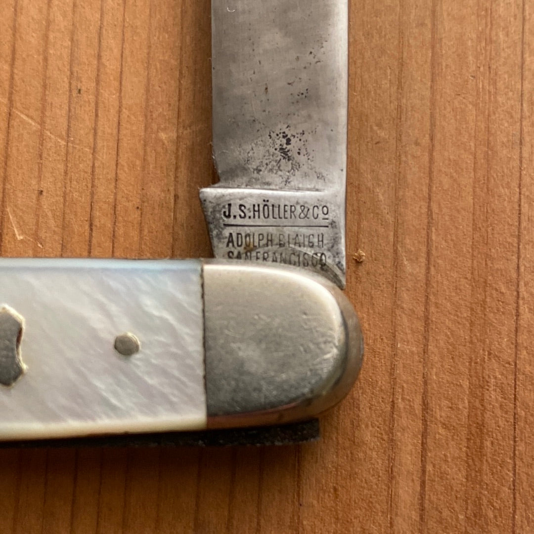 JS Holler & Co. Adolph Blaich SF 3 1/8” Pen Knife Mother of Pearl 1893-1915