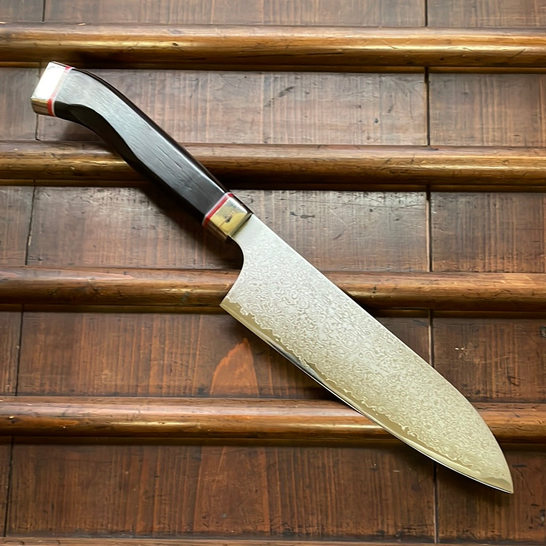 Hitohira Imojiya TH 180mm Santoku VG-10 Damascus Fusion Ebony Handle