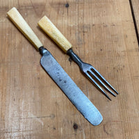 Antique Child’s Fork & Knife Set Unmarked Carbon Steel & Bone 19th C