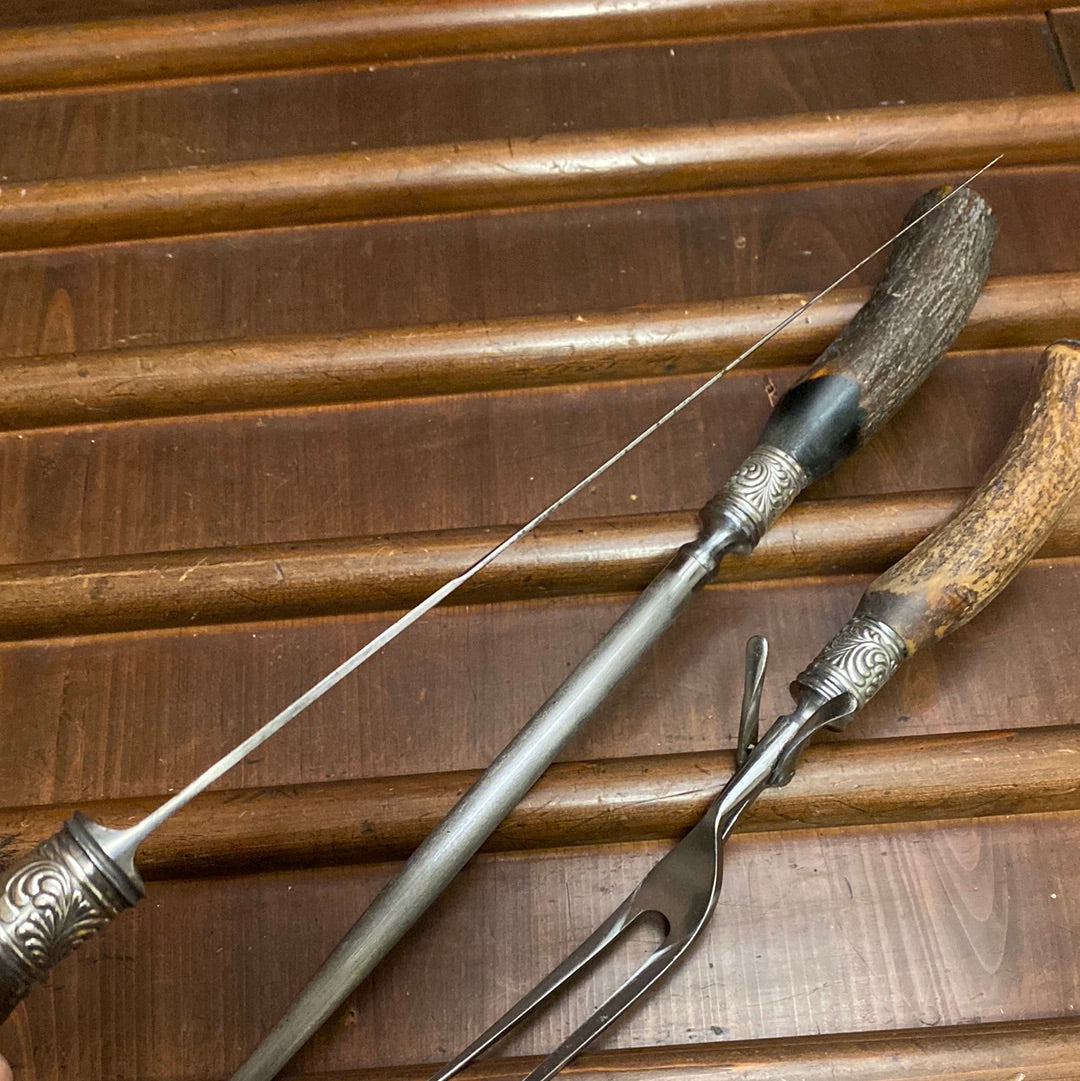 American Cutlery Co 3pc Carving Set Carbon Steel Stag c1900-1920