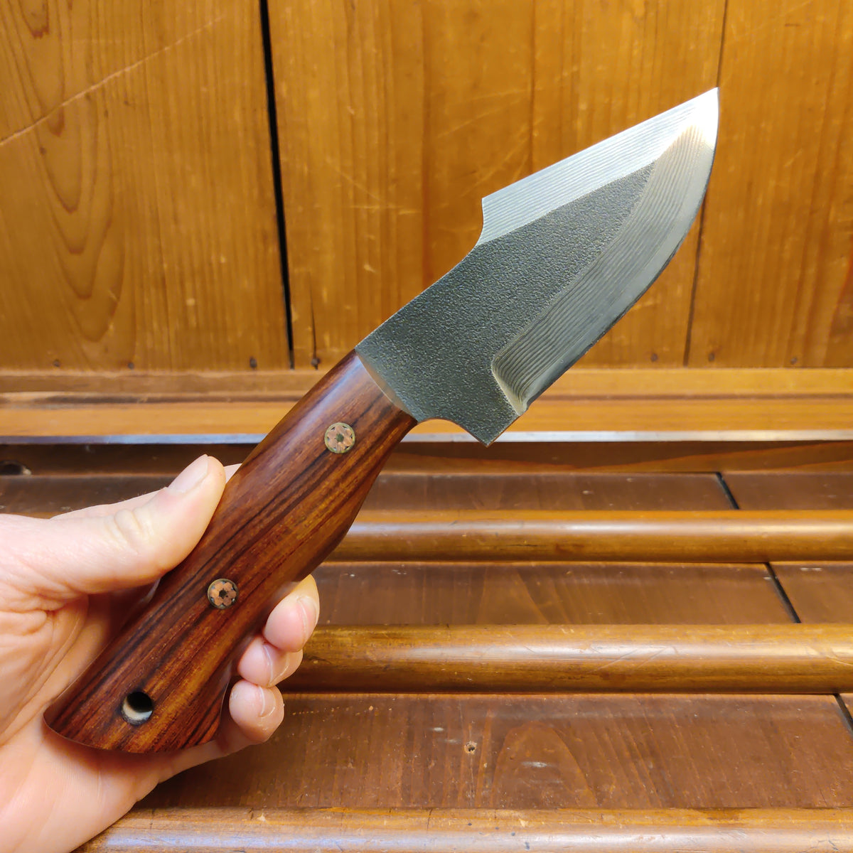Nigara Hamono 95mm Outdoor Knife SG2 Suminagashi with Leather Sheath