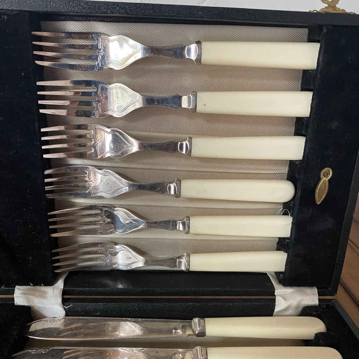 Fish Forks & Knives Silverplate & Celluloid -English 1930's?
