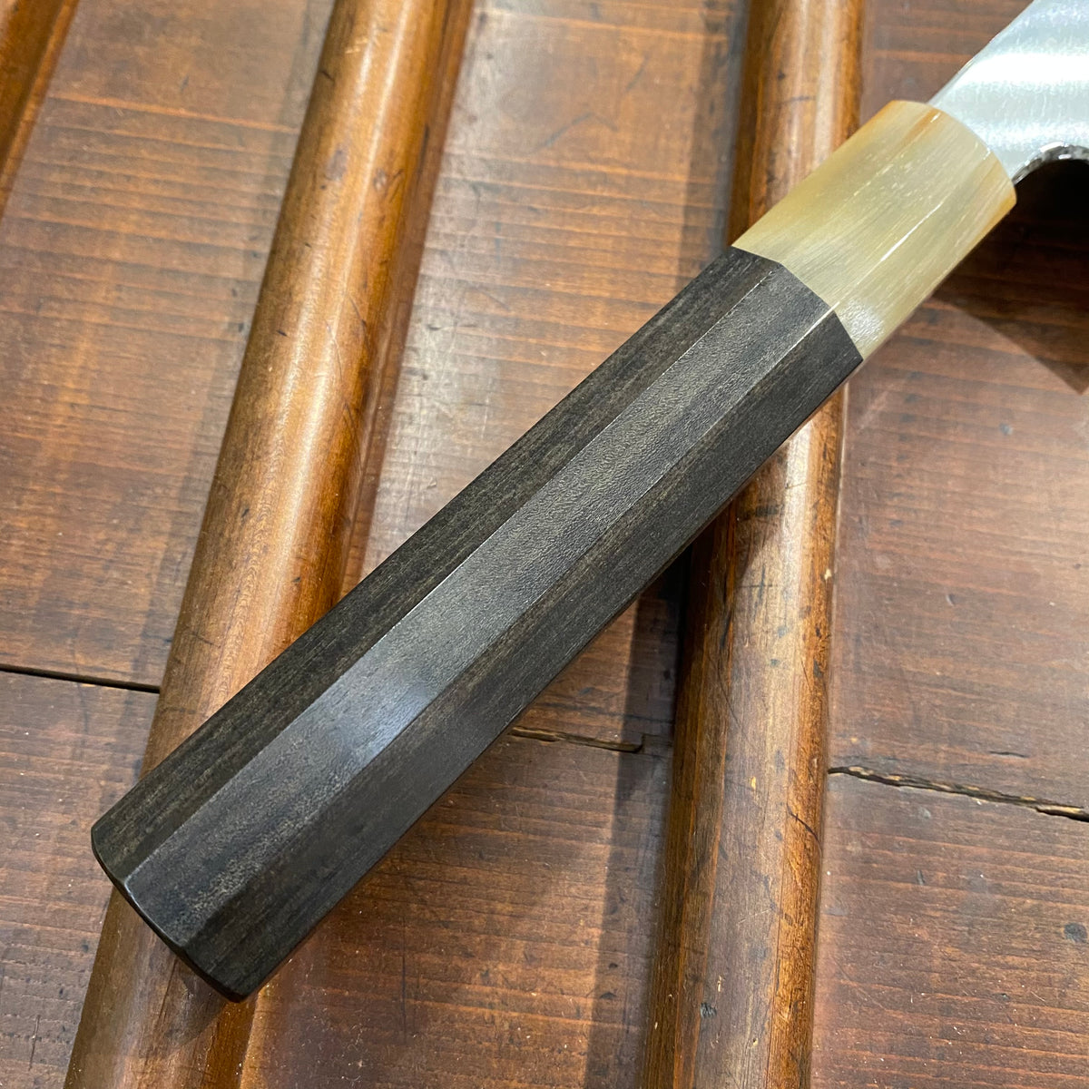 Hitohira Togashi 240mm Gyuto Stainless Clad Aogami 1 Migaki Ebony Blonde Horn Handle
