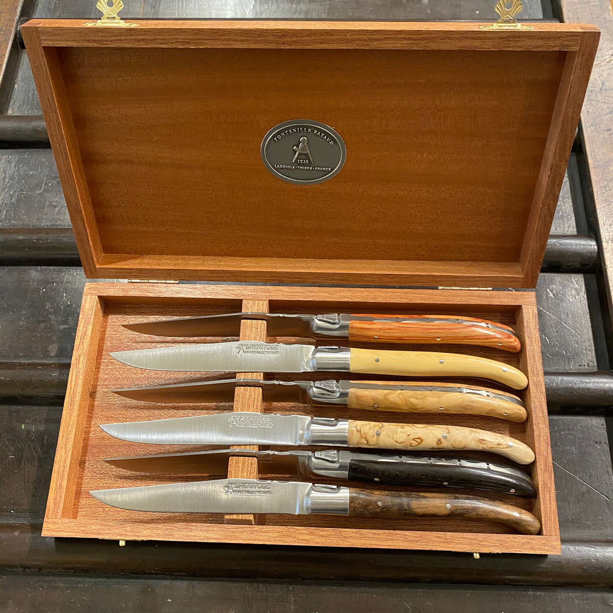 Fontenille Pataud Laguiole Steak Knife Set Mixed Wood Handles - 6 Pieces