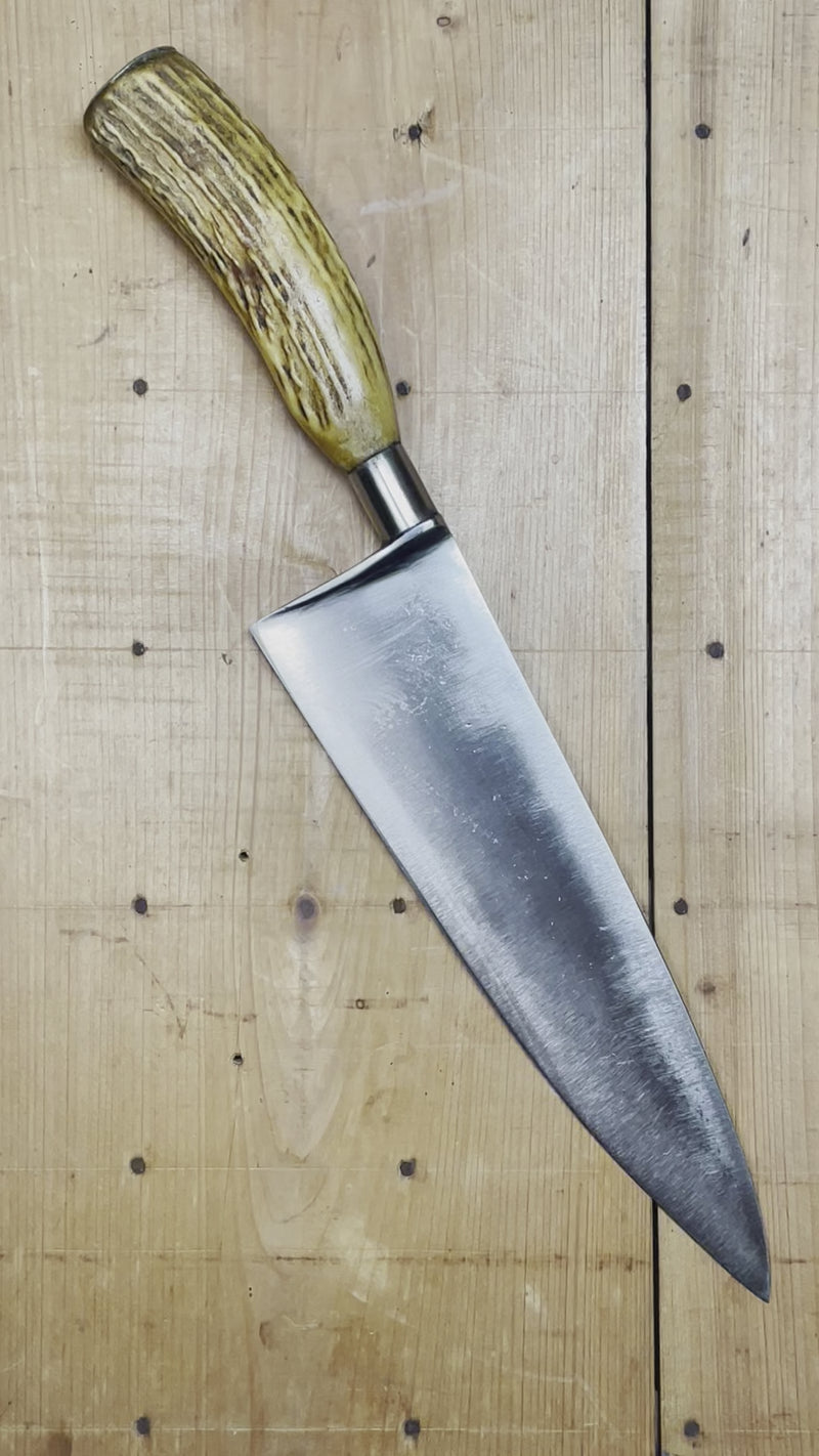 A very unusual American stick tang 'Nogent style' chef knife re-handled with a stag handle and steel ferrule. A set of American stick tang knives with stag re-handles was found in a large collection recently, they are a little bit of a mystery but are nicely done and are excellent late 19th to early 20th century forged blades. Certainly not factory production handles however.