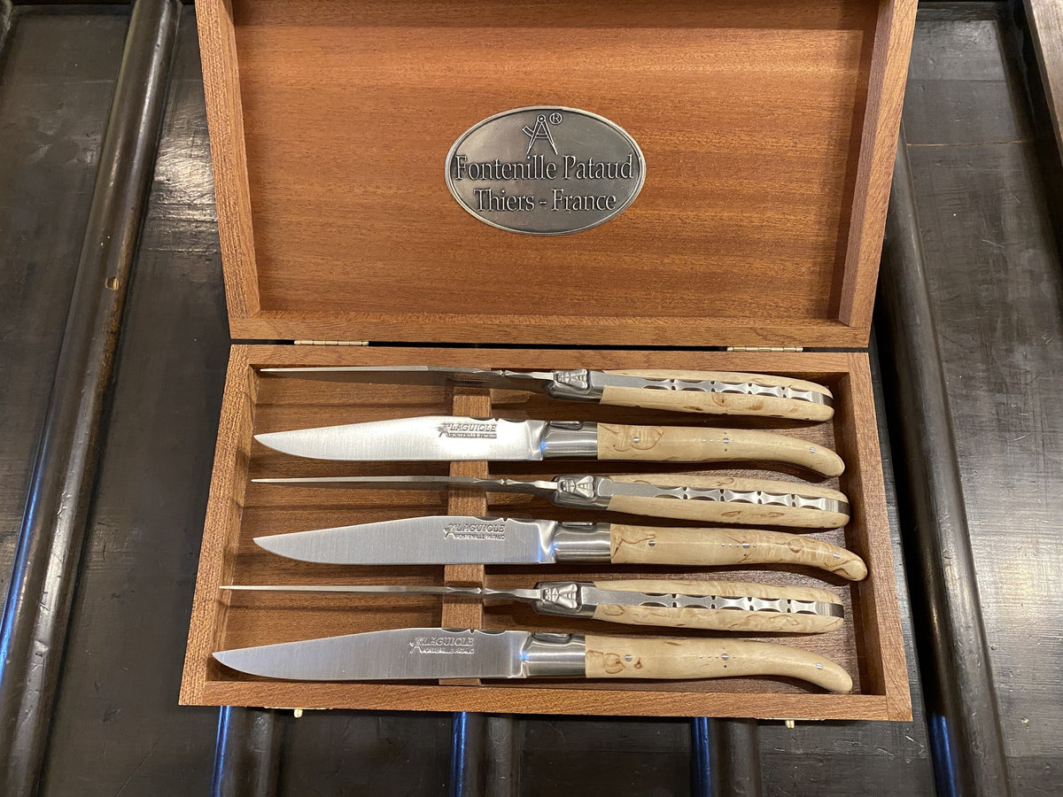 Fontenille Pataud Laguiole Steak Knife Set Stainless Curly Birch Handles - 6 Pieces
