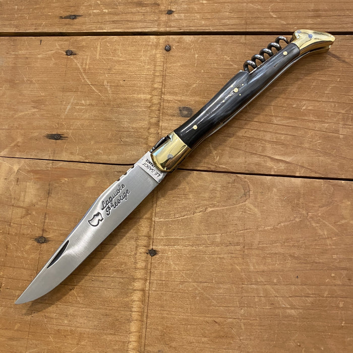 Au Sabot Laguiole 12cm Pocket Knife Carbon Horn 2 Brass Bolsters with Corkscrew