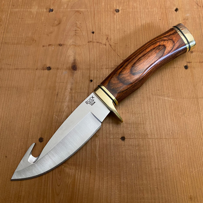 Buck 191 Zipper 4 1/8" Drop Point 420HC Fixed Blade Wood Handle with Guthook and Leather Sheath