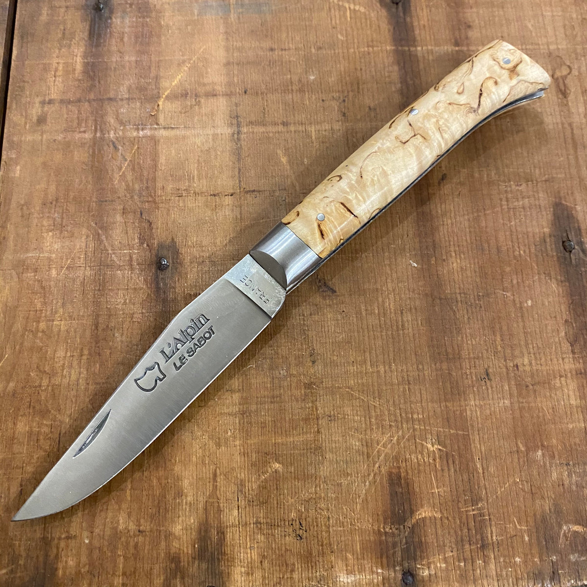 Au Sabot Alpin 10cm Pocket Knife Stainless Finnish Curly Birch