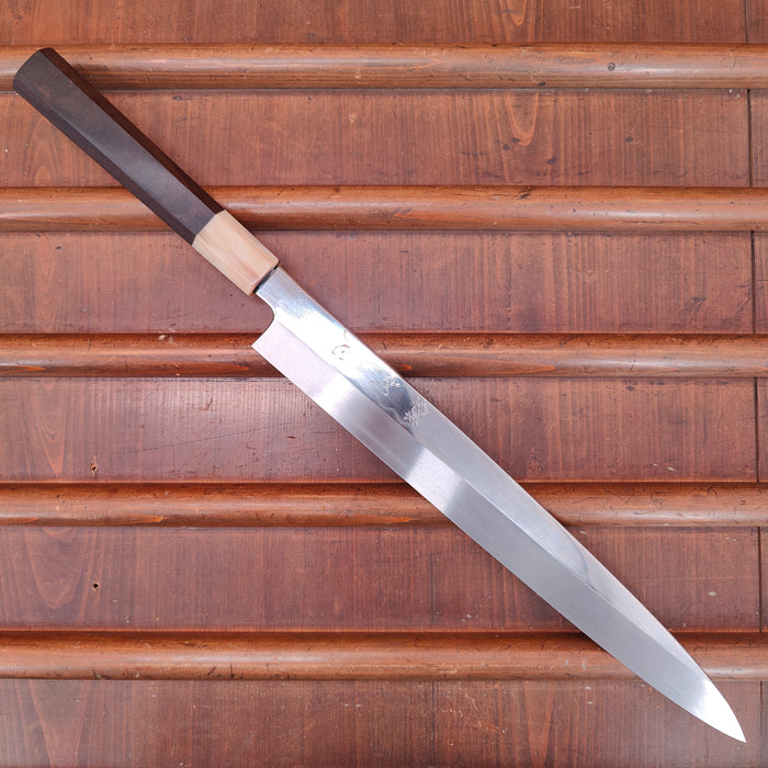 Hatsukokoro Nakagawa 300mm Yanagi Shirogami 3 Abura Honyaki Kyomen Ebony Blonde Buffalo Horn