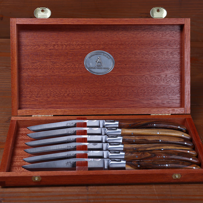 Fontenille Pataud Laguiole Steak Knife Set Stainless Pistachio Wood Handles - 6 Pieces