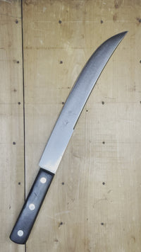  Ed Wusthof (est 1814) 11" butcher's scimitar with 1894 Trident logo on hand forged carbon steel blade (tapered tang) with ebony handle riveted with old style steel pin and nickel washer pin and disc rivets. Blade is fairly full but had a fair amount of pitting from rust which required a thinning and re-facing. 