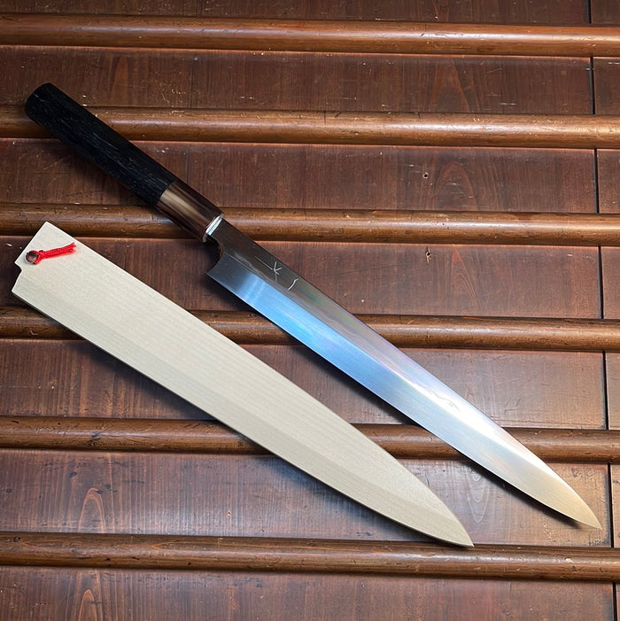 Hitohira Togashi 300mm Yanagi Shirogami 1 Mizu Honyaki Finish Tahei Ebony Horn with Saya