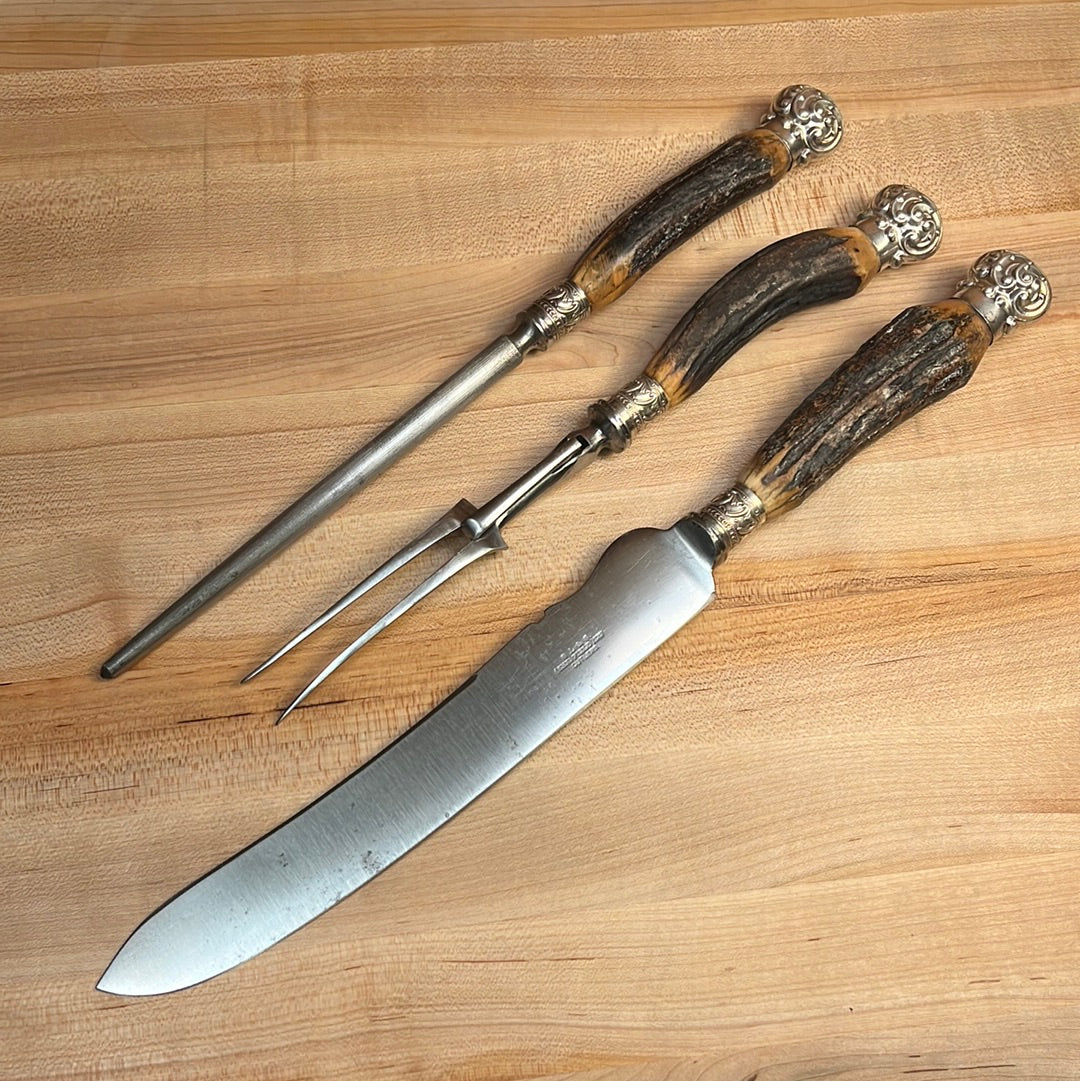 SL&S Sheffield Ltd Cutlers Carving Set Carbon Steel & Stag ~1900-1920