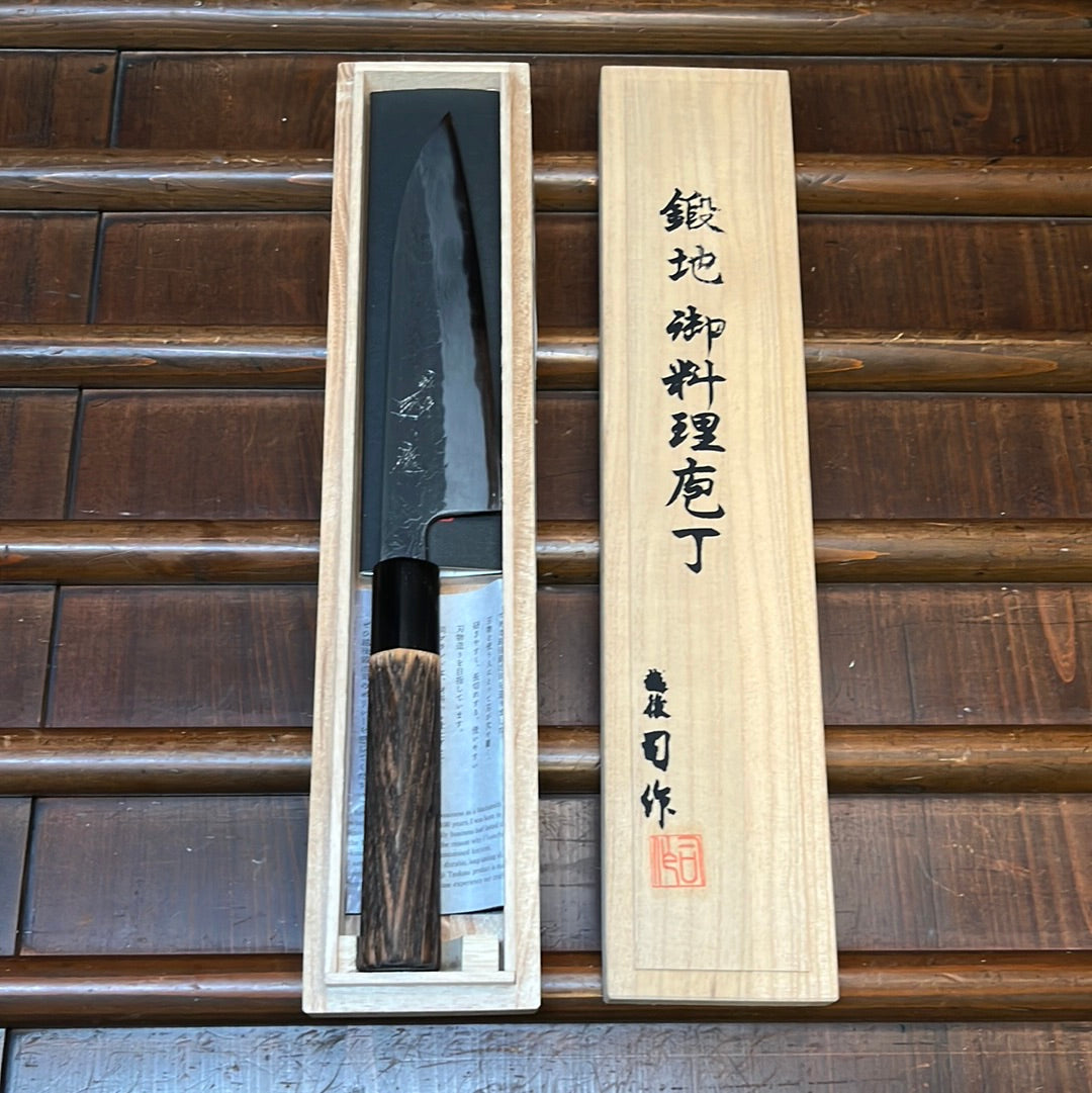 Tsukasa Hinoura 150mm Petty Shirogami Warikomi Kitaeji Suminagashi Burnt Chestnut Horn