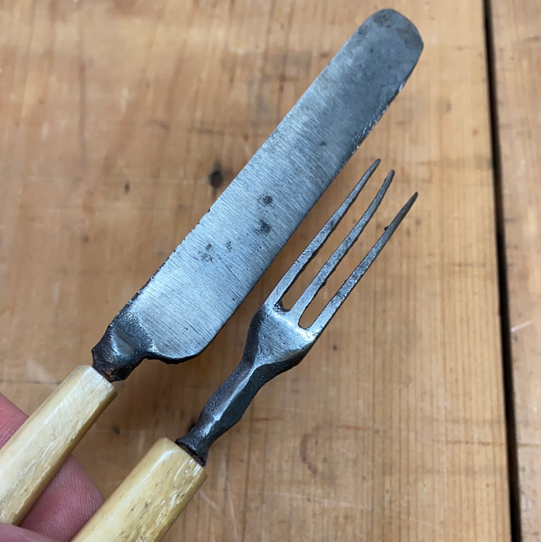 Antique Child’s Fork & Knife Set Unmarked Carbon Steel & Bone 19th C