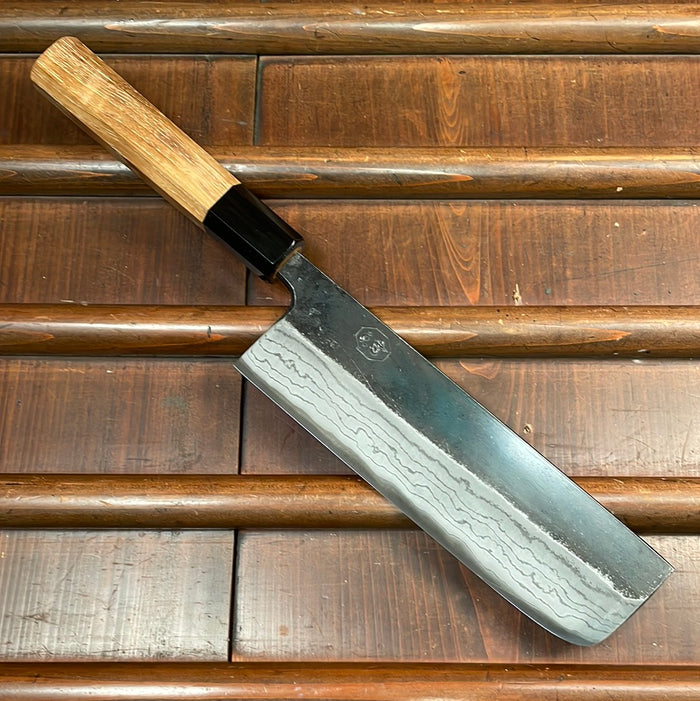 Kumokage 165mm Nakiri Aogami 2 Kurouchi Damascus Teak Handle