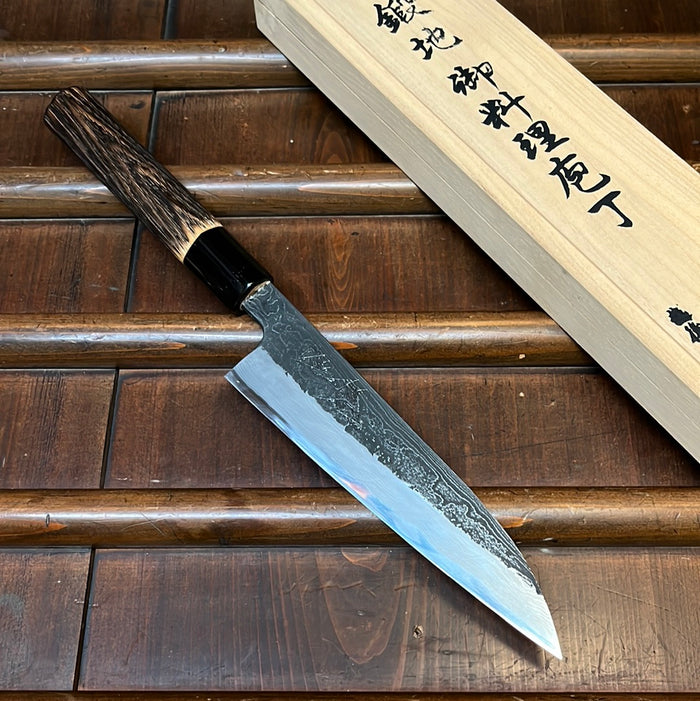 Tsukasa Hinoura 150mm Petty Shirogami Warikomi Kitaeji Suminagashi Burnt Chestnut Horn