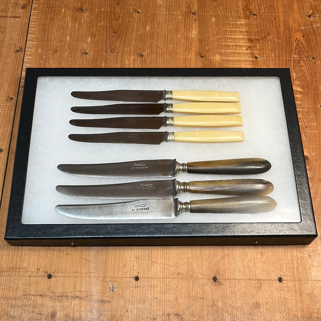 Antique French Table Knives Pictoral Marks In Shadow Box Early 20th C