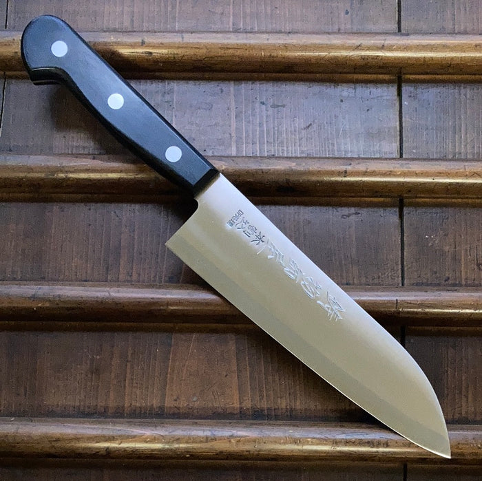 New Vintage Hitohira Imojiya OKD 180mm Santoku Stainless Clad Shirogami 2 Pakka Handle