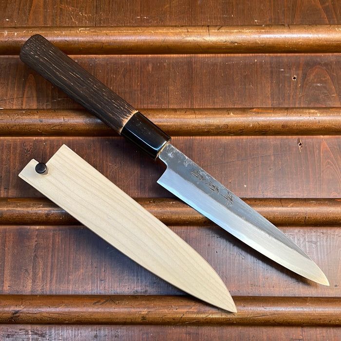 Sakai Kikumori Nakagawa 150mm Petty Aogami 1 Kurouchi  Burnt Chestnut with Saya