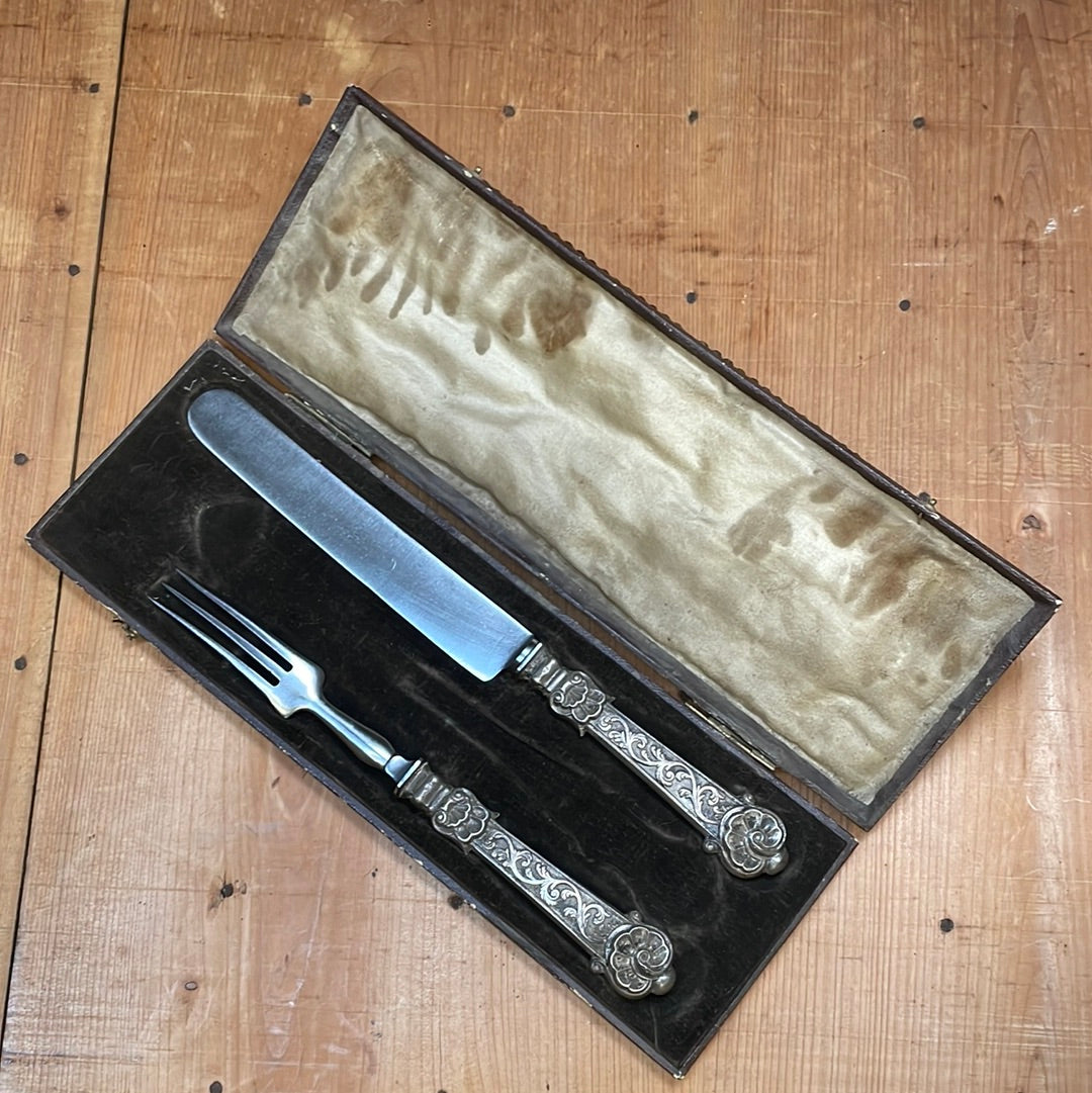 Fork and Knife Set Forged Carbon Steel & Coin Silver (?) German ? Late 19th C