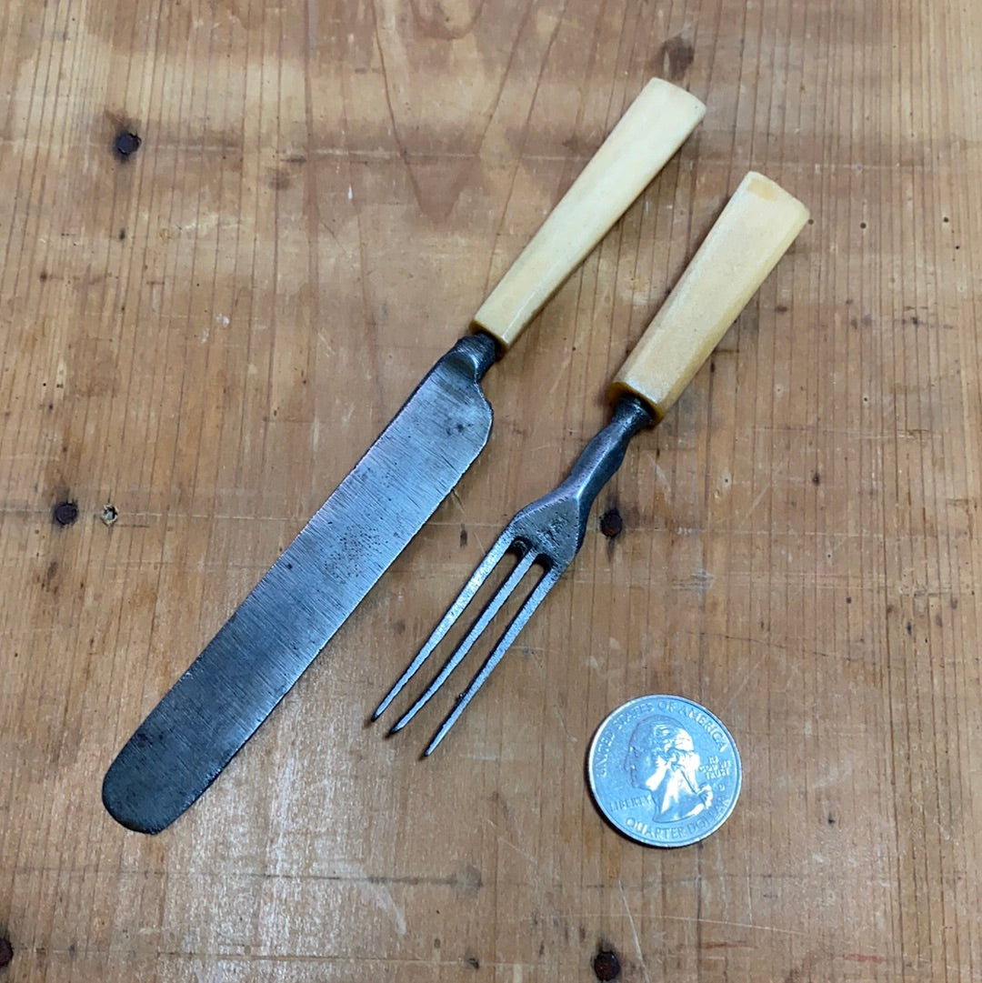 Antique Child’s Fork & Knife Set Unmarked Carbon Steel & Bone 19th C