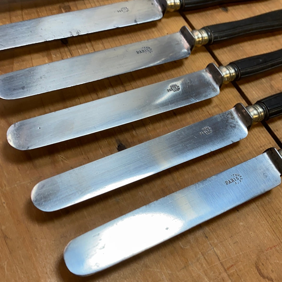 French Sm Table Knife Set of 6 Acier Fondu Paris Carbon Steel Ebony