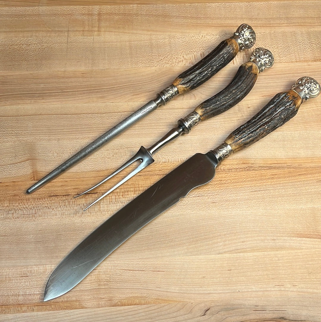 SL&S Sheffield Ltd Cutlers Carving Set Carbon Steel & Stag ~1900-1920