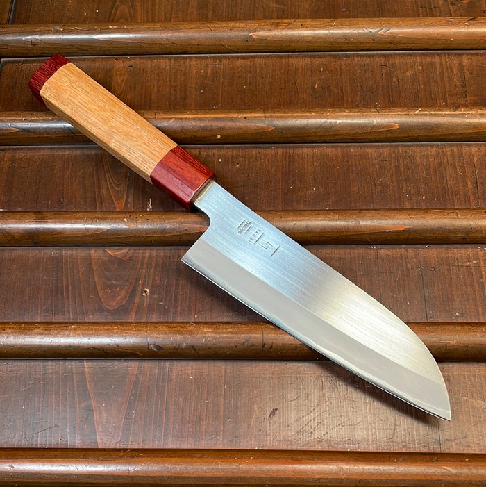 Tagai Sanjo 165mm Santoku Migaki Stainless Clad Shirogami 2 Oak and Bubinga Handle