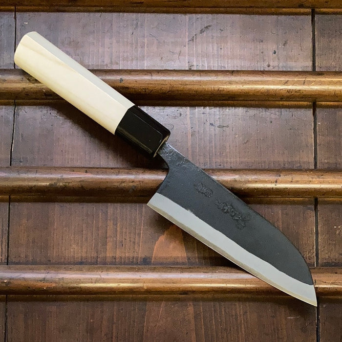 Kaji-bei 135mm Santoku Iron Clad Shirogami 2 Kurouchi Buffalo Horn