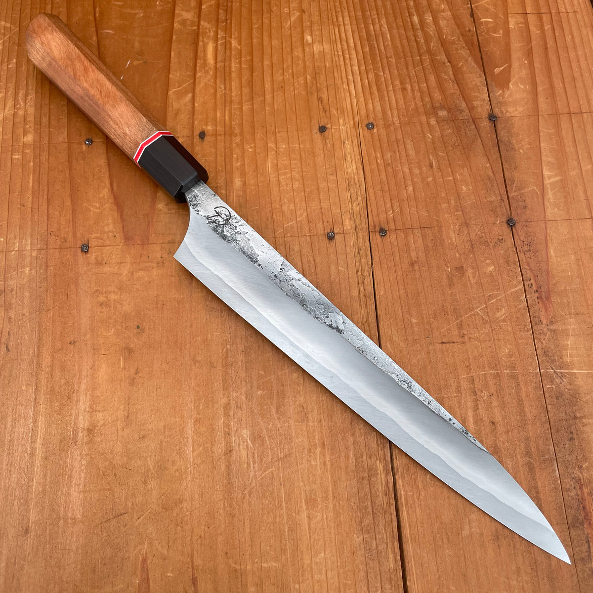 Alma Knife Co. 210mm Sujihiki 410ss Stainless Clad 26C3 Kurouchi Cherry/African Black Wood