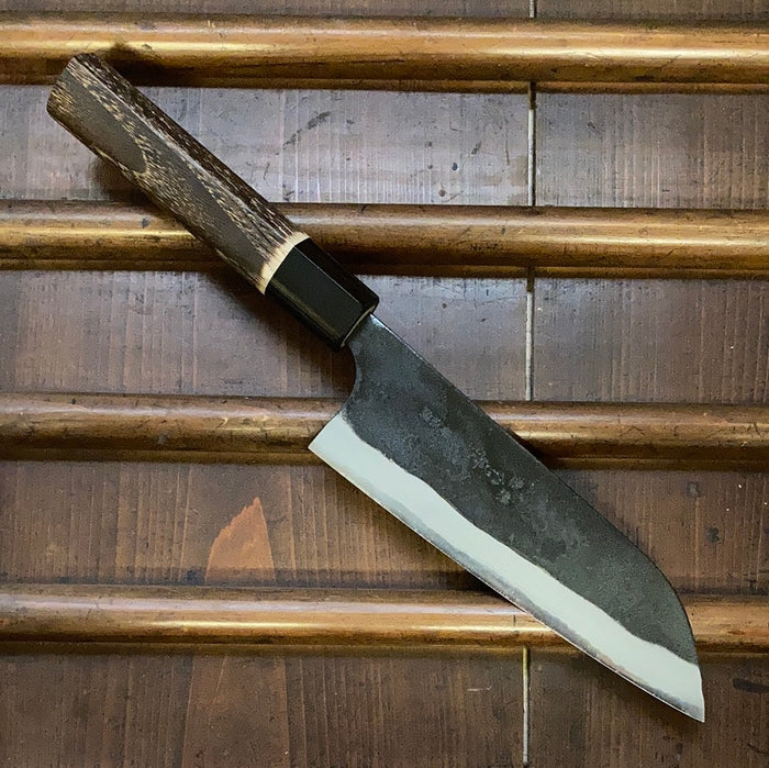 Kaji-bei 165mm Santoku Iron Clad Aogami 2 Suminagashi Kurouchi Buffalo Horn Ring