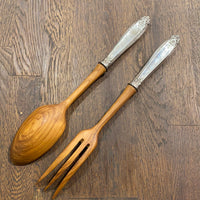 New Old Stock Salad Serving Set Sterling Silver and Olive Wood