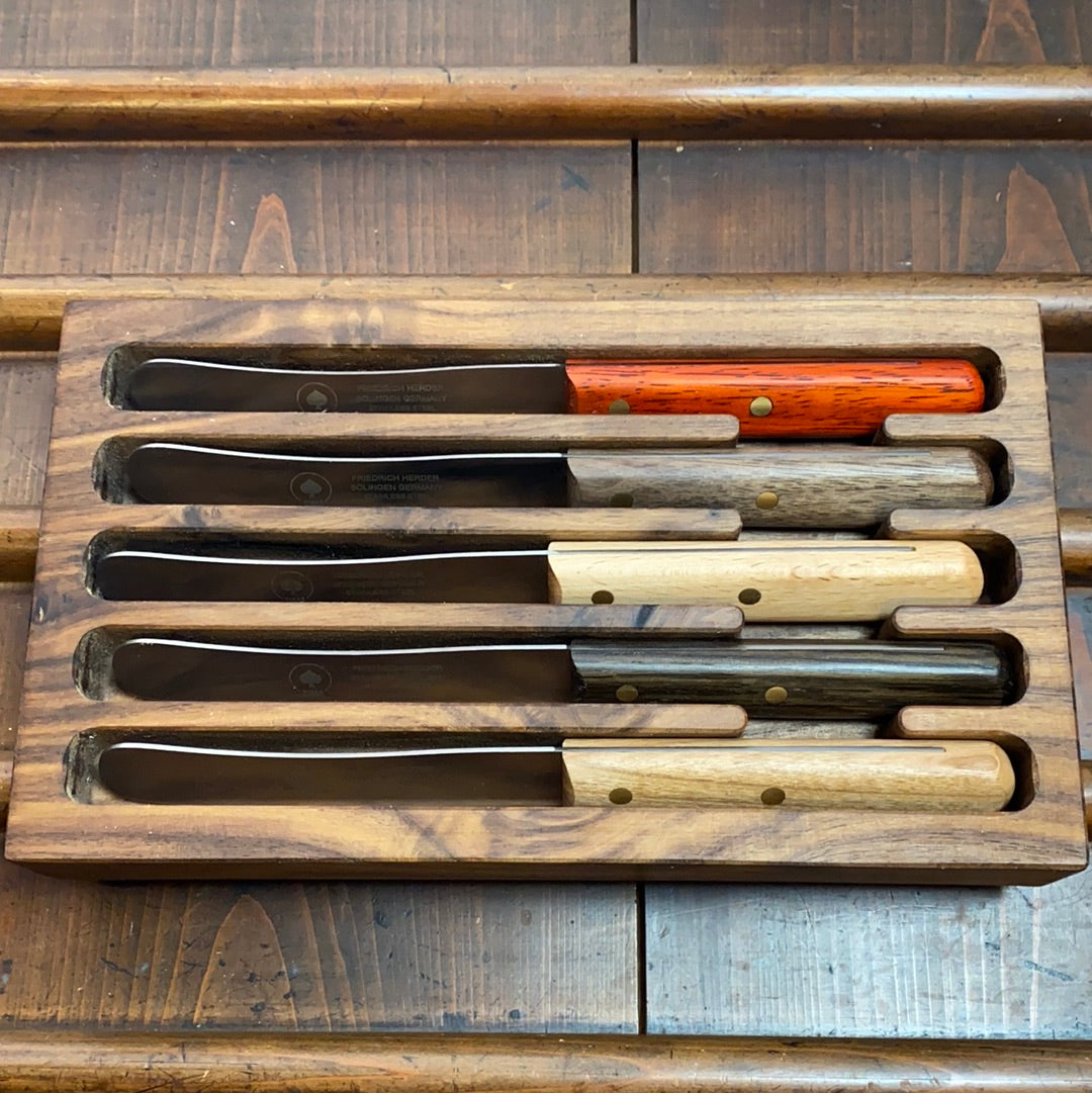 Friedr Herder All Star Buckels Table Knife Set Stainless Mixed Wood Handles with Walnut Box - 6 Pieces
